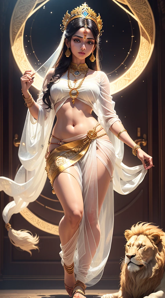 (Highly detailed), (Illustration), (Convoluted), (Beautiful face), (Attractive body), (Complete Body Picture), Modern Indian Goddess, (Transparent white Sari), Dynamic Pose, God's Crown, (Lion Standing Nearby), Colorful, Eye-catching, Heavenly.