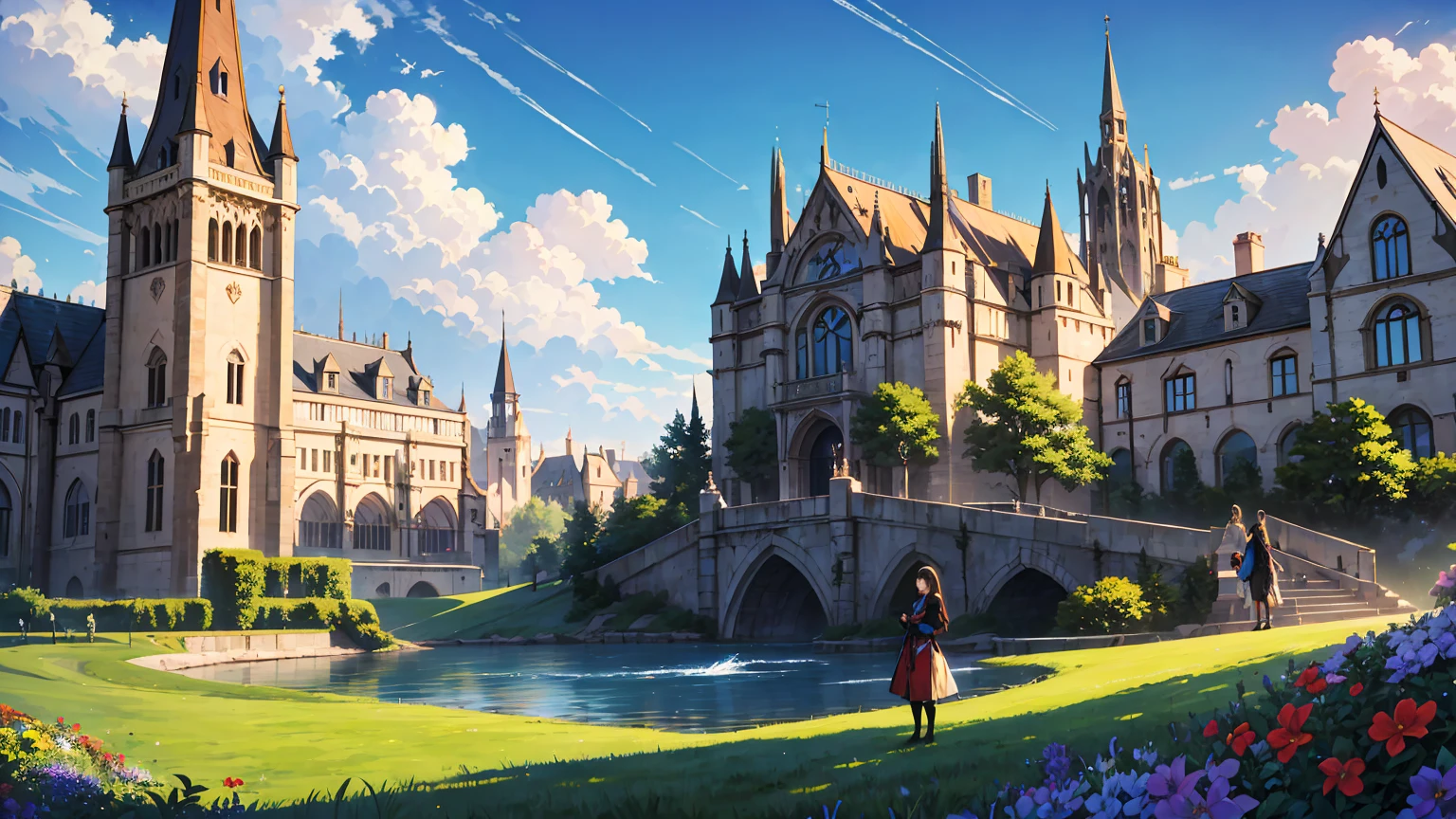 a woman stood from afar on the grass, woman from a distance, landscape, bright blue sky and flower colorful color blue red green purple yellow , fantasy world medieval mega-building.