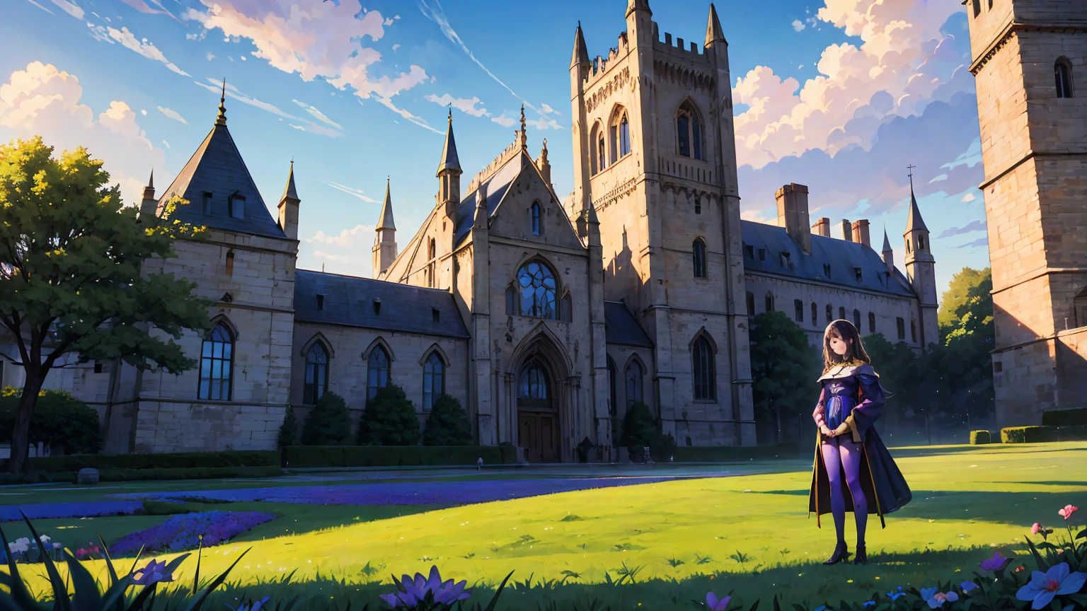 a woman stood from afar on the grass, woman from a distance, landscape, bright blue sky and flower colorful color blue red green purple yellow , fantasy world medieval mega-building.