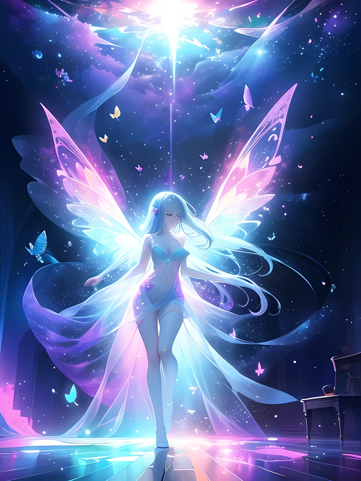 Dreamy ethereal art style, Surreal atmosphere, Vivid highly saturated colors, Captivating lighting, Best quality, butterfly dance, The background is the mysterious world of space, Space Fantasy, No humans,