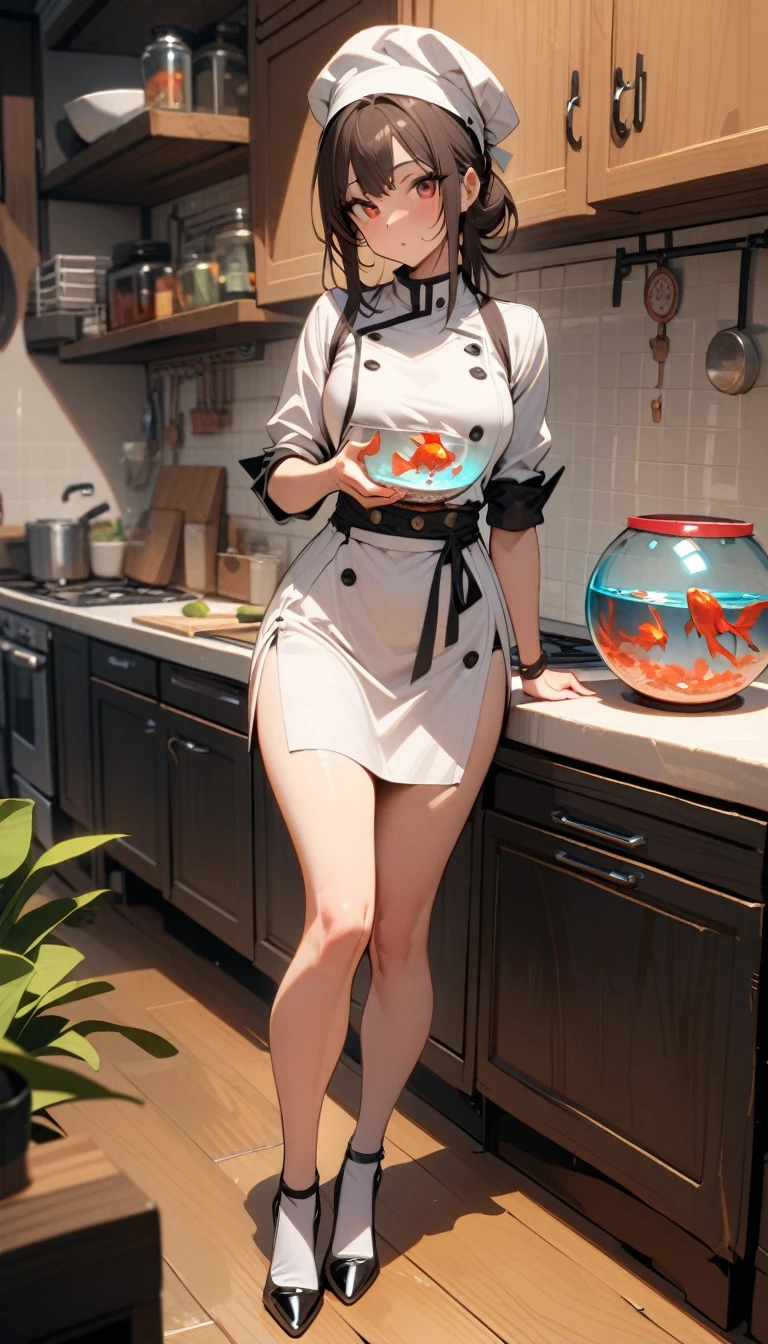 ((best quality)) , ((masterpiece)) , (detailed),1 female,(((Goldfish Bowl))),kitchen,Female chef,High heel,((whole body))