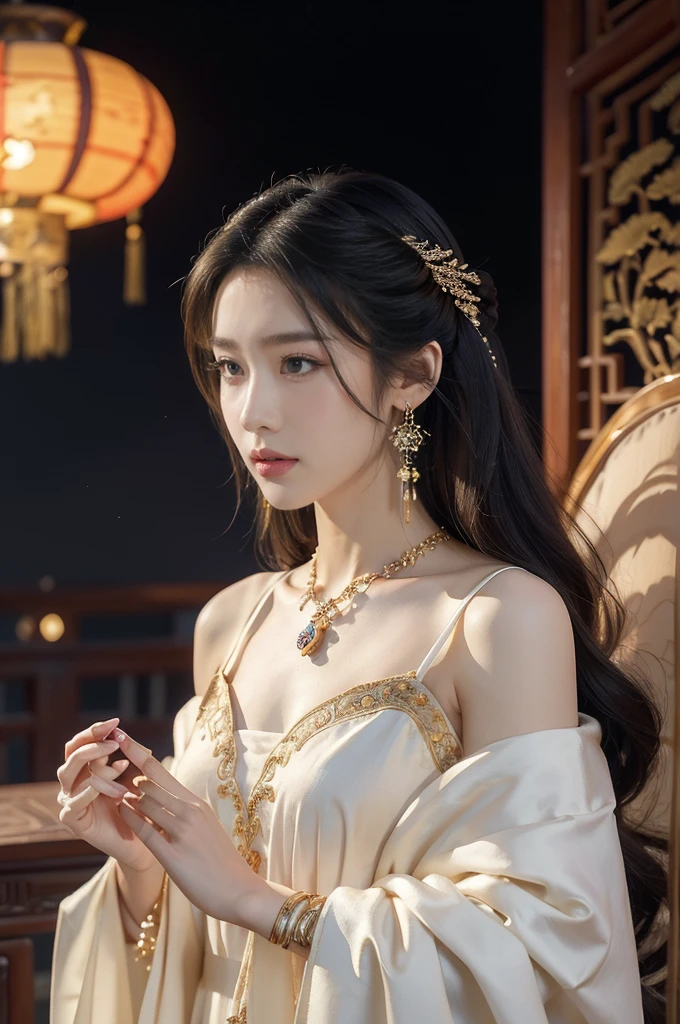 (((best quality))),(((ultra detailed))),(((masterpiece))),illustration,((1 beautiful girl,solo)),(shoulder length straight hair:1.2),((earrings,necklace)),((slim,thin)),((small breasts,flat chest)),(summer night:1.3),(gorgeous sheer Han Chinese gown:1.3),luxurious bedroom,traditional Chinese architecture,starry sky,serene face,elegant grace,intricate updo,delicate hairpins,almond-shaped eyes,innocence curiosity,intricate embroidery,rich cultural symbolism,vibrant hue,elegant wallpaper,intricate patterns,meticulously crafted wooden furniture,grand bed,sumptuous beddings,ethereal ambiance,night sky,stars twinkle,mesmerizing canvas,First Quarter Moon,gentle glow,illuminating landscape,alluring presence,opulent surroundings,celestial wonders,time stands still,ancient Chinese culture,celebrated details,((from front,upper body))