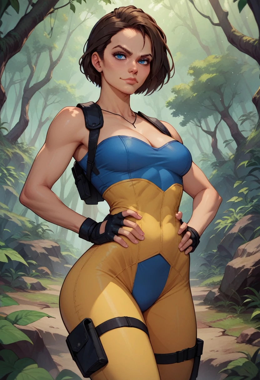 1woman, jill valentine, cleavage, in a rainforest, hands holding own hips, seductive smirk, medium breasts, storm from x-men costume