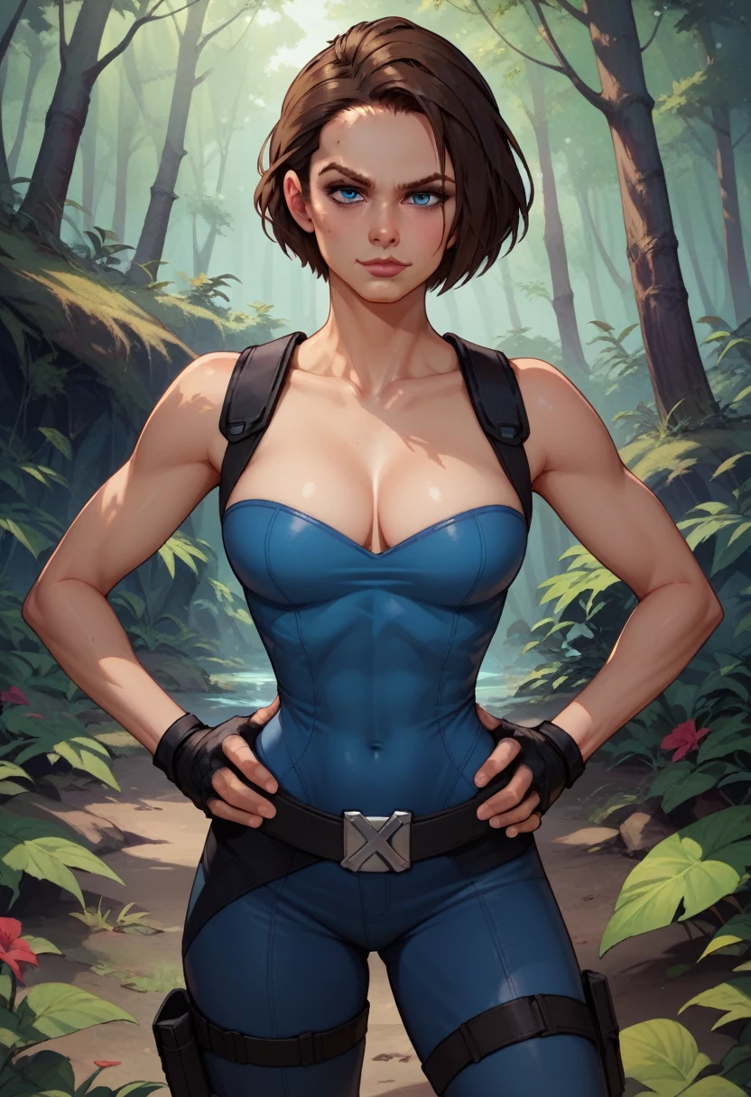 1woman, jill valentine, cleavage, in a rainforest, hands holding own hips, seductive smirk, medium breasts, storm from x-men costume