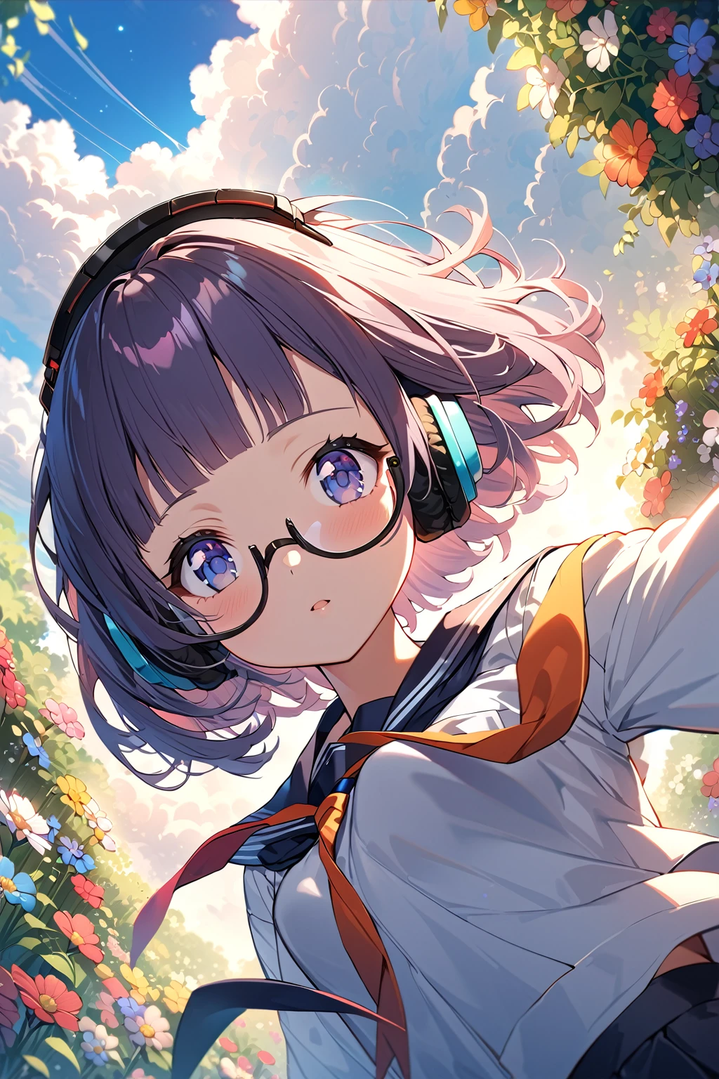 (extremely detailed fine touch:1.3), (((semi-rimless eyewear:1.3))), (headphone:1.2), short hair, blunt bangs, 1 girl, from below, serafuku, flower garden, (hyper-detailed cumulonimbus clouds:1.3)