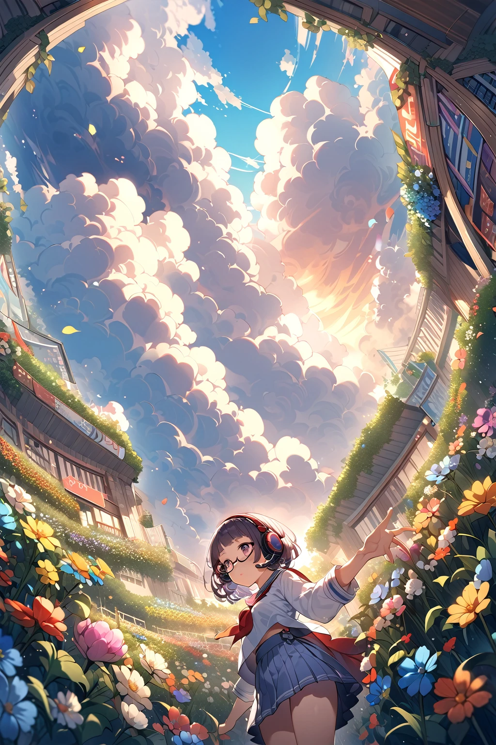 (extremely detailed fine touch:1.3), (((semi-rimless eyewear:1.3))), (headphone:1.2), short hair, blunt bangs, 1 girl, from below, serafuku, flower garden, (hyper-detailed cumulonimbus clouds:1.3)