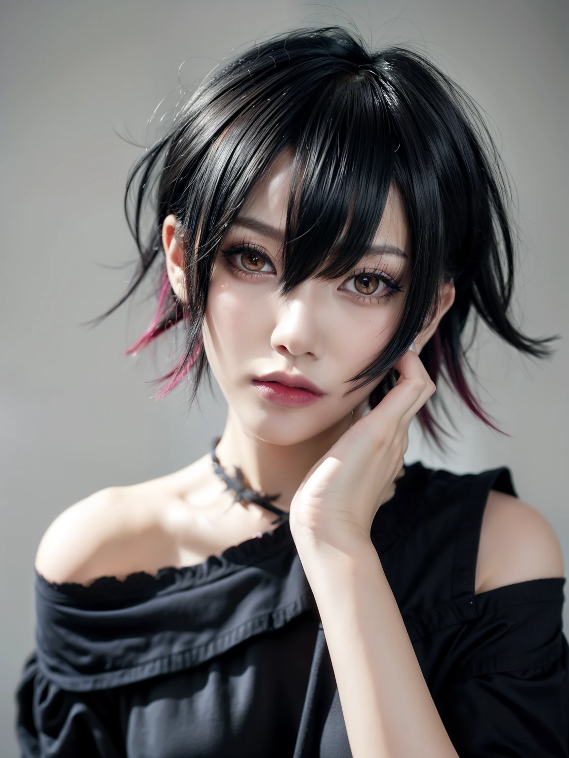 score_9, score_8_up, score_7_up, score_6_up, score_5_up, score_4_up, 1girl, emo, scene hair, emo hair, short hair, black hair pink highlights, black shirt, off the shoulder, black lips, indoors, goth, goth makeup, eyeliner, mascara, red eyes
