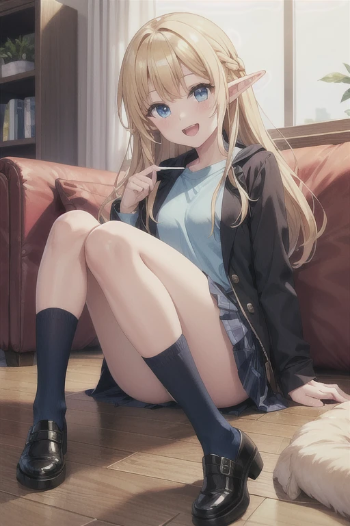 (((pixel-perfect, detail-perfect))), solo, 1girl, karin(gsd), blonde hair, blue eyes, elf, jacket yellow, shirt blue, skirt, socks black, shoes black, looking at viewer, canine tooth, :d, smile, looking at viewer, long hair