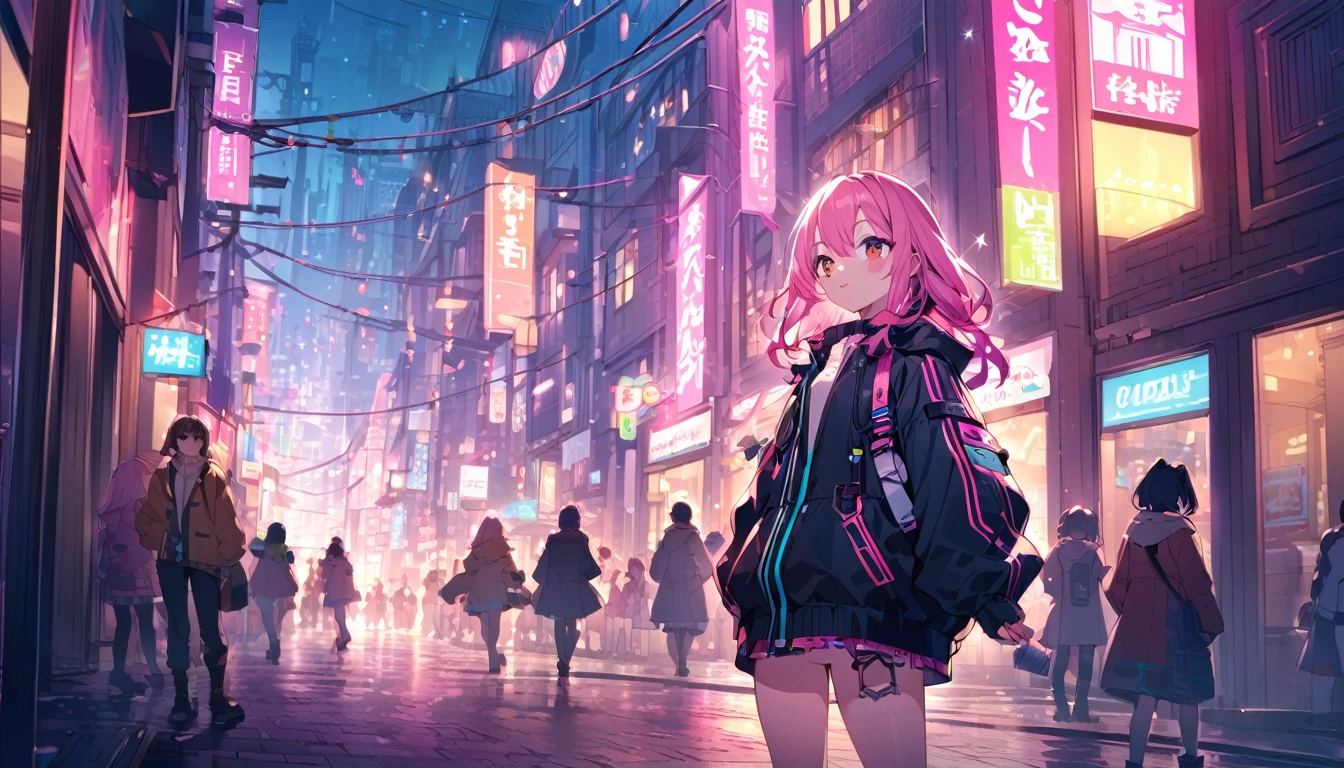 Highest quality,Cute Anime Girl, young,Pink Hair,In town,neon