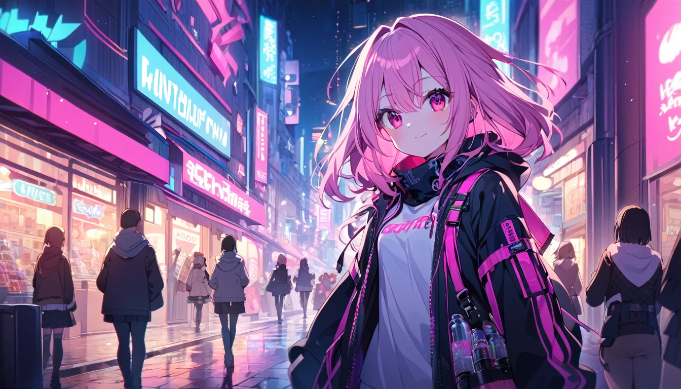 Highest quality,Cute Anime Girl, young,Pink Hair,In town,neon