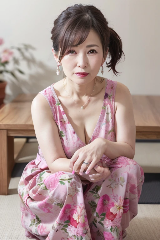 Beautiful mature Japanese woman aged 55, Married women, Long eyelashes, Low Ponytail, Red lipstick, Pink Cheeks, Pearl Necklace, Earrings, Dark eyeshadow, Cleavage, Colorful clothing with floral patterns, Long skirt, Beautiful body, squat, Focus on the whole body