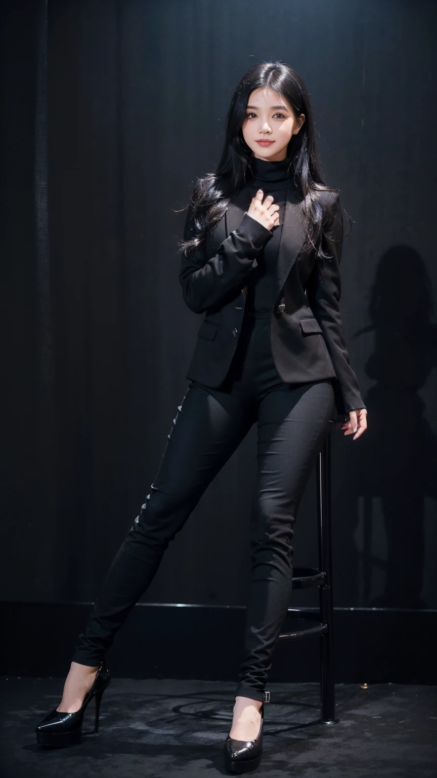 a girl, curvy body, beautiful face, beautiful eyes, ((long straight black hair, black eyes)), smiling, blushing, standing, ((black turtleneck sweater, black long pants, black blazer, high heels shoes, black socks)), mall indoor background, perfect hands, perfect fingers, high quality picture, high resolution, very detailed, 8k resolution