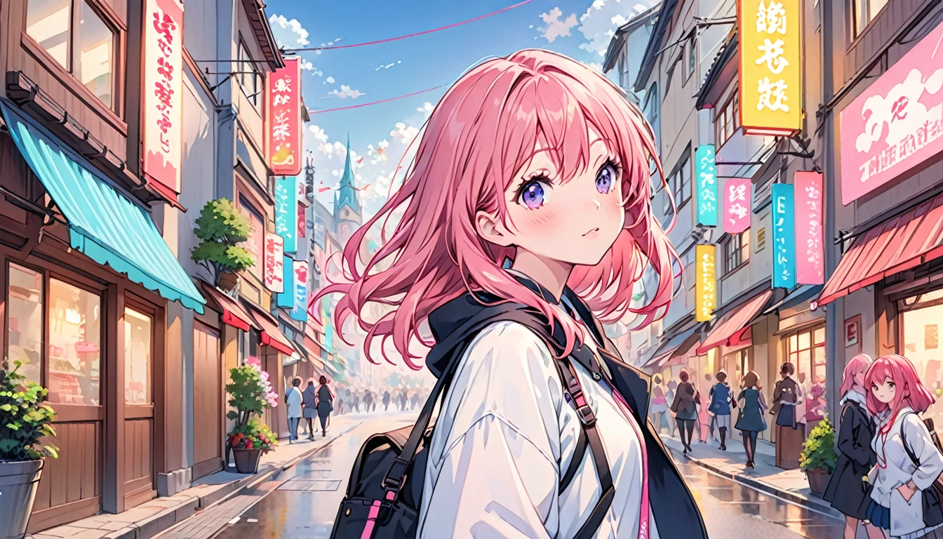 Highest quality,Cute Anime Girl, young,Pink Hair,In town,neon