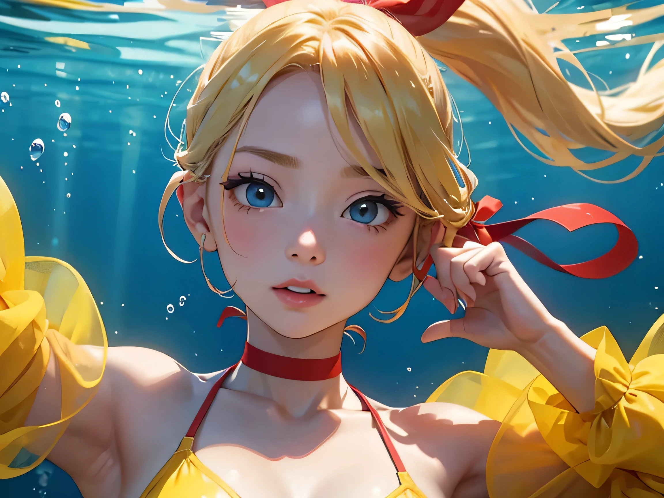 Blonde ponytail、Red ribbon、Yellow Bikini、Underwater background、masterpiece,Highest quality,Highest quality,