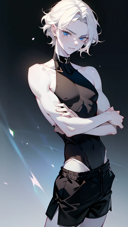 male character , 20 years, pale, white skin, Dark Blue eyes, white hair, wavy and long , delgado, beautiful, black shorts close to the skin, Long black sleeveless T-shirt with close-to-skin collar, small breasts, small waist,