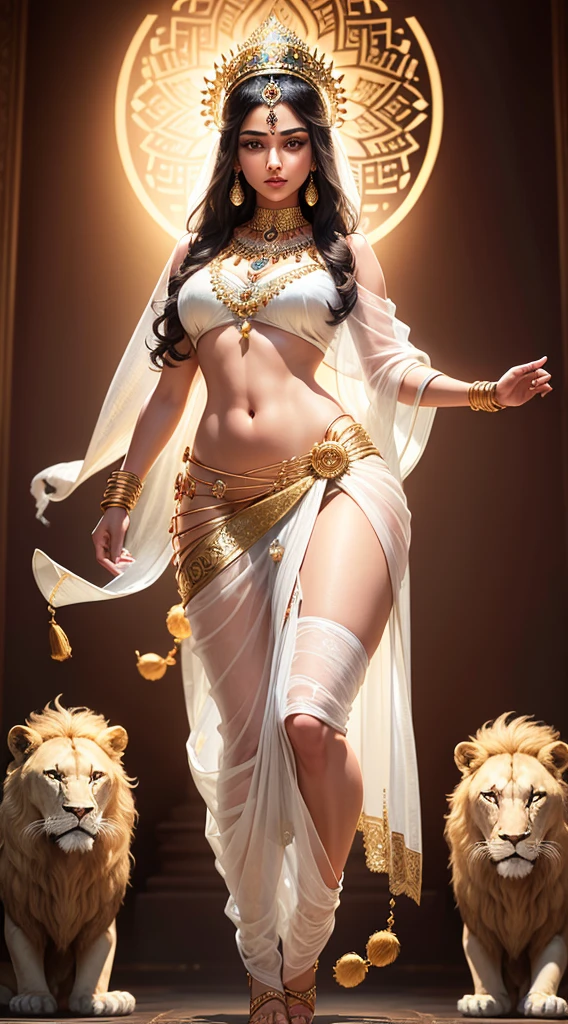 (Highly detailed), (Illustration), (Convoluted), (Beautiful face), (Attractive body), (Complete Body Picture), Modern Indian Goddess, (Transparent white Sari), Dynamic Pose, God's Crown, (Lion Standing Nearby), Colorful, Eye-catching, Heavenly.