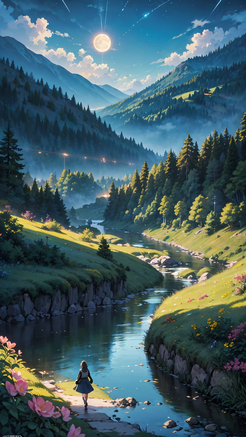 anime-style illustration, A serene landscape featuring a young woman standing on a path, overlooking terraced mountainous valley. The scene is depicted in a highly saturated and vibrant style, intense and rich colors vivid. The lush greenery, cascading hills, rendered with strong exaggerated colors that enhance the natural beauty. The sky above is clear blue sky with few clouds and distant mountain peaks. She is walking along a path illuminated by the moon and stars, creating a magical glow. The grassland is filled with glowing flowers, fireflies, and distant mountains under the night sky.