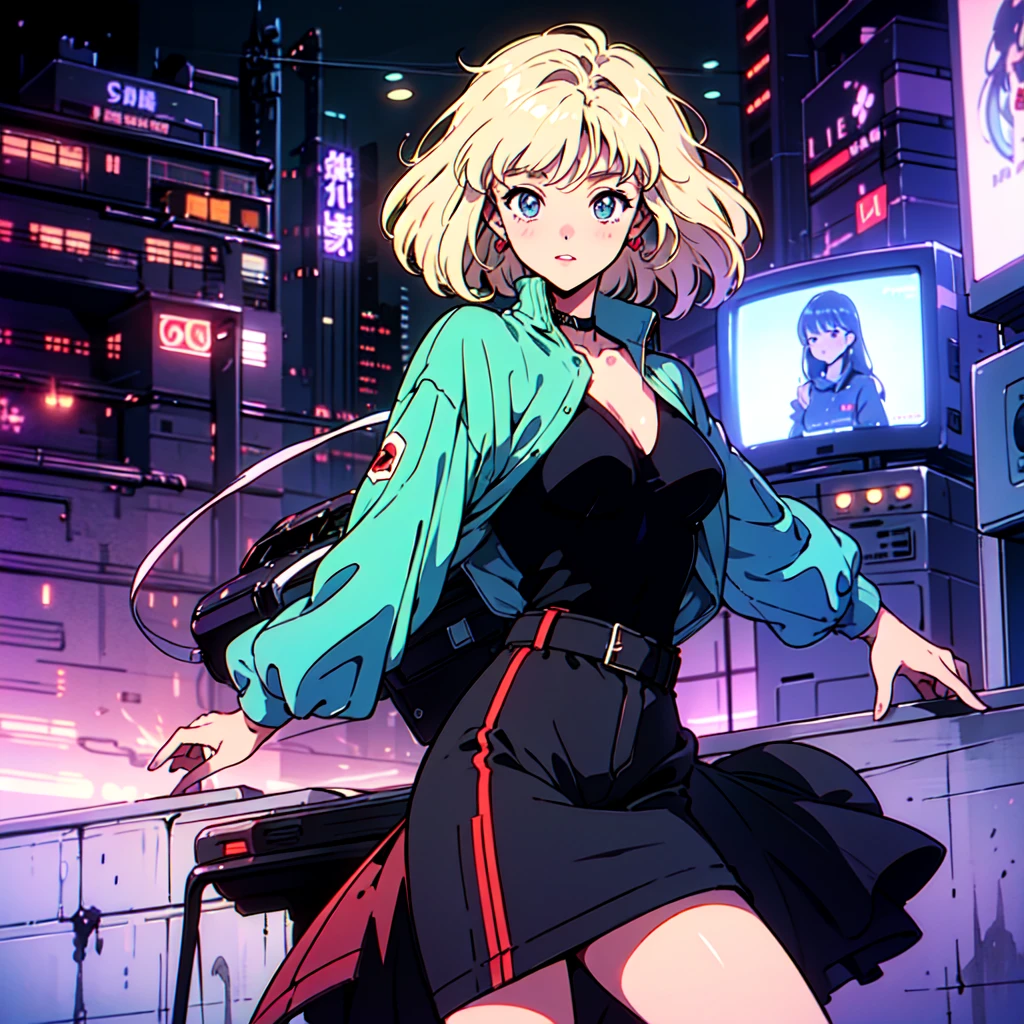 A city pop poster with a retro 80s feel、Imagine the album cover。With the highest quality anime illustrations、There is one blonde girl with short hair.。Her eyes shine blue、Dressed in rapper style clothing、I&#39;m wearing headphones。
The image is in a dynamic pose.、Drawn from a novel angle。Created in high definition like 4K、Creates the feeling of being in a dark room。The room was lit by blue lights.、It has a fantastic atmosphere。The room is a small space like a 1K.、The window offers a view of downtown Shinjuku.。
This work depicts a night city enveloped in neon lights.、This will be a record that allows you to fully enjoy the charm of city pop.。