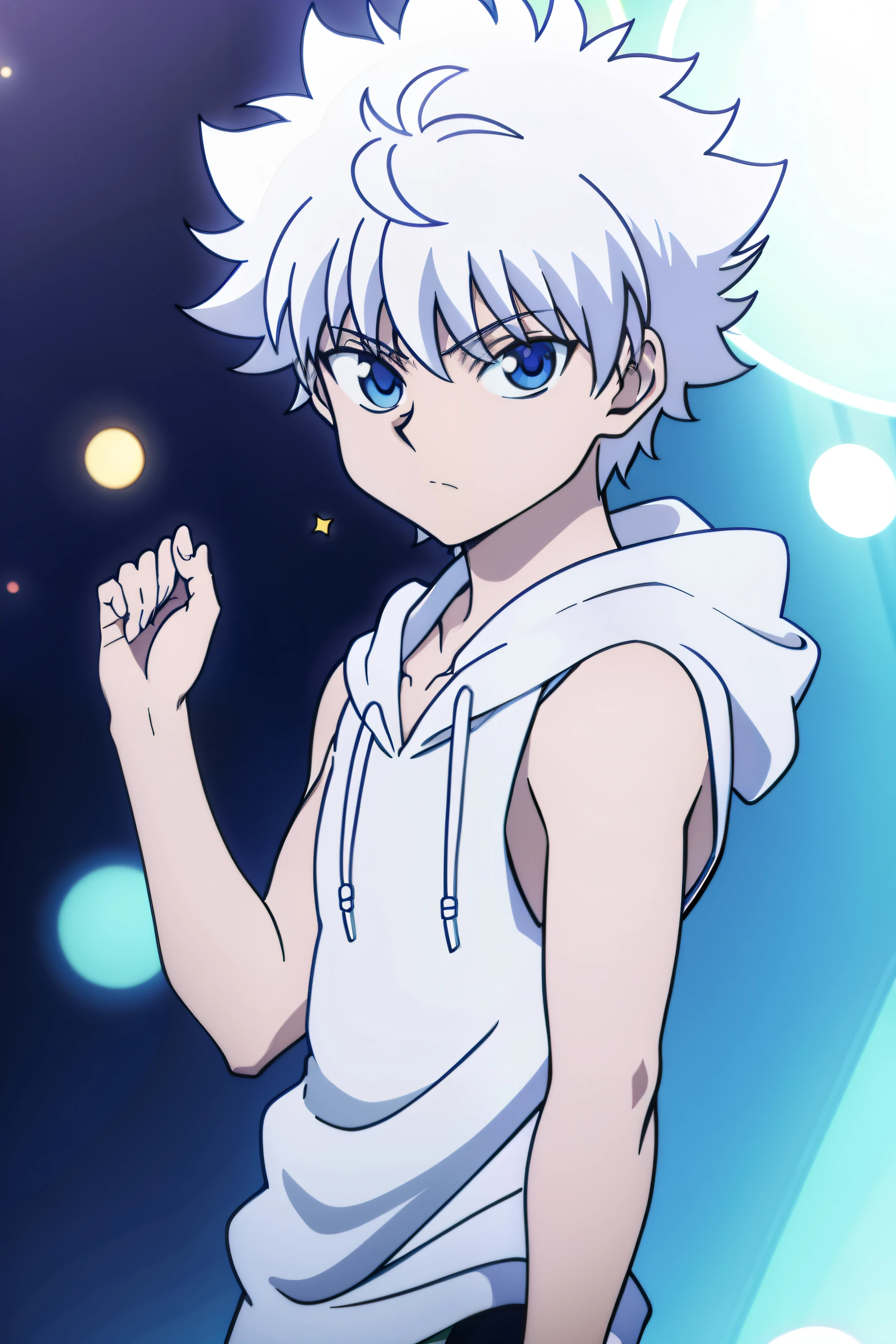 Highres, Masterpiece, Best quality at best,Best Quality,hight quality, hight detailed, Anime style, 1boy, Shota, young boy, Solo person, white hair, Killua zoldyck, Sleeveless hoodie, Seen from the front, Look at viewer, Upper body, (very young boy), -yeld bo Uhd, Bokeh