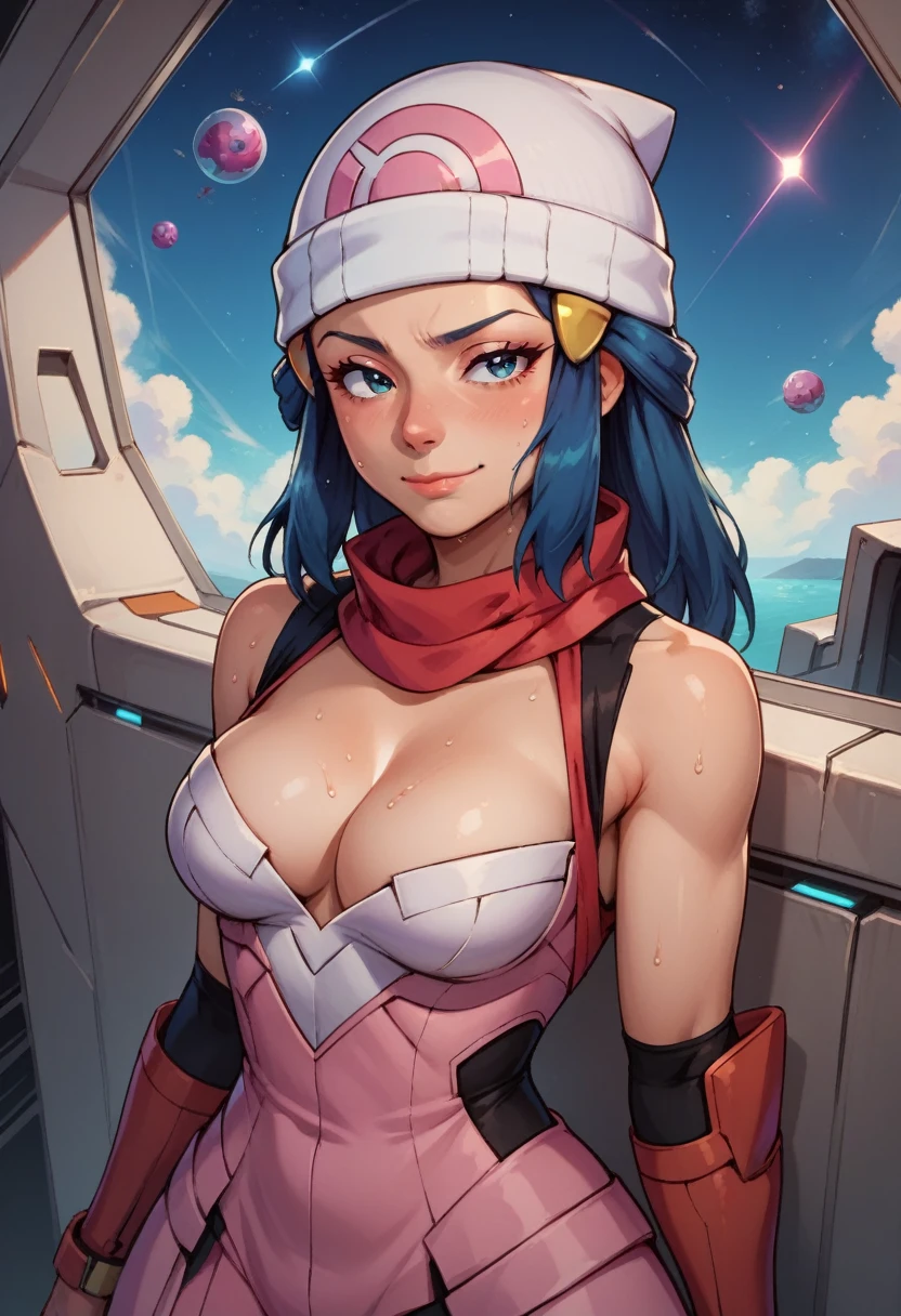 score_9, score_8_up, score_7_up, score_6_up, BREAK Dawn from pokemon, Sci-fi outfit, cleavage, medium breasts, seductive smirk,sweating, on a spaceship, in space
