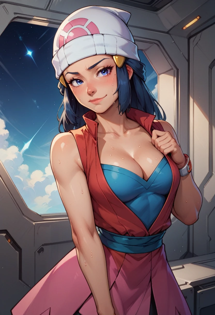 score_9, score_8_up, score_7_up, score_6_up, BREAK Dawn from pokemon, Sci-fi outfit, , medium breasts,ive smirk,sweating, on a spaceship, in space