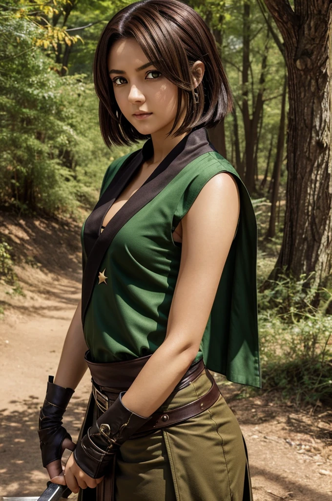A demon slayer style girl, Hashira with short medium brown hair and green eyes with a star in the middle