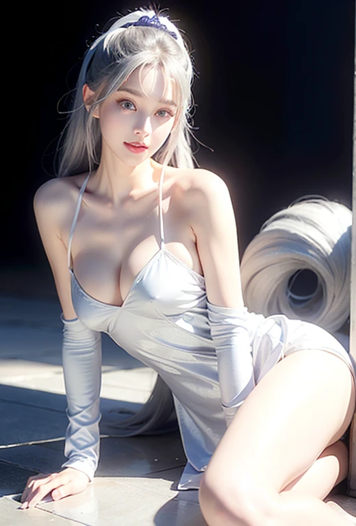 Non-NSFW、Real、Highest quality、Highest quality、masterpiece、Ultra-high resolution、RAW Photos、Real、Bright lighting、Face Light、Smooth Professional Lighting、Looking into the camera、alone、Adult women、Beautiful woman、Super Beauty、Realな肌、Moisturized Skin、Realな目と顔、Perfect model body、Beautiful Eyes、Big eyes、Inconspicuous tear bags、slim、No bra、Beautiful fingers、Very long hair、Silver Hair、blue eyes、looks happy、(Both ears are hidden by hair)、Fantasy World、Medieval Europe、saint、(((Neat and Clean Maid)))、Inside the temple、(black and white outfit:)、Small Ass、(Large Breasts:1.3)、(Venus' Nipples:1.8)、Königsreuter, (Black French Maid Uniform:1.7), (white Stockings and Garter Set:1.2), (Headdress),(high heels:1.2), (Short frilly salon apron:1.2)、(Leaning forward:1.2)、(From above:1.5)