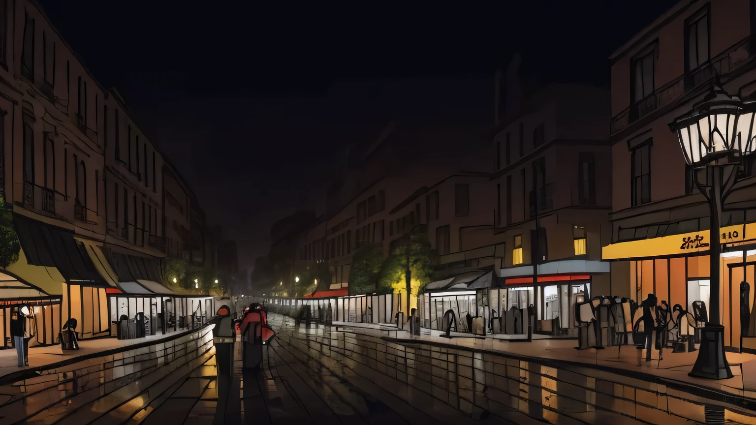 A serene nighttime urban street corner with rain gently falling, neon lights glowing, and people walking with umbrellas. The scene is in a line art style with watercolor effects, creating a warm and nostalgic atmosphere. The rain and lights should loop seamlessly, starting and ending with the same intensity of rain and lighting.