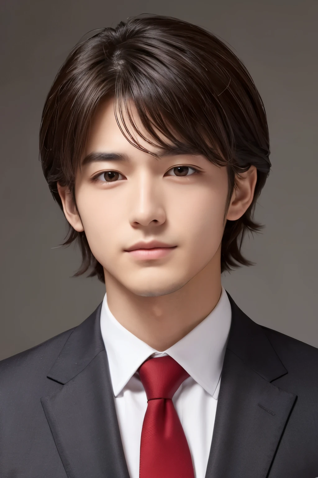 1 adult male、Dark brown short-haired、Or lightly wavy hair、Sharp eyes and a unique, gentle expression、High nose and firm chin、Healthy Skin、No beard, stylish black suit、Wear a white shirt underneath、Red tie、Or a cool look without a tie, looking confidently at the camera、Put one hand in your pocket、A pose in which the other hand is raised slightly、A soft smile, biologically accurate、High resolution, Simple Background, accurate, High detail, Anatomically correct,