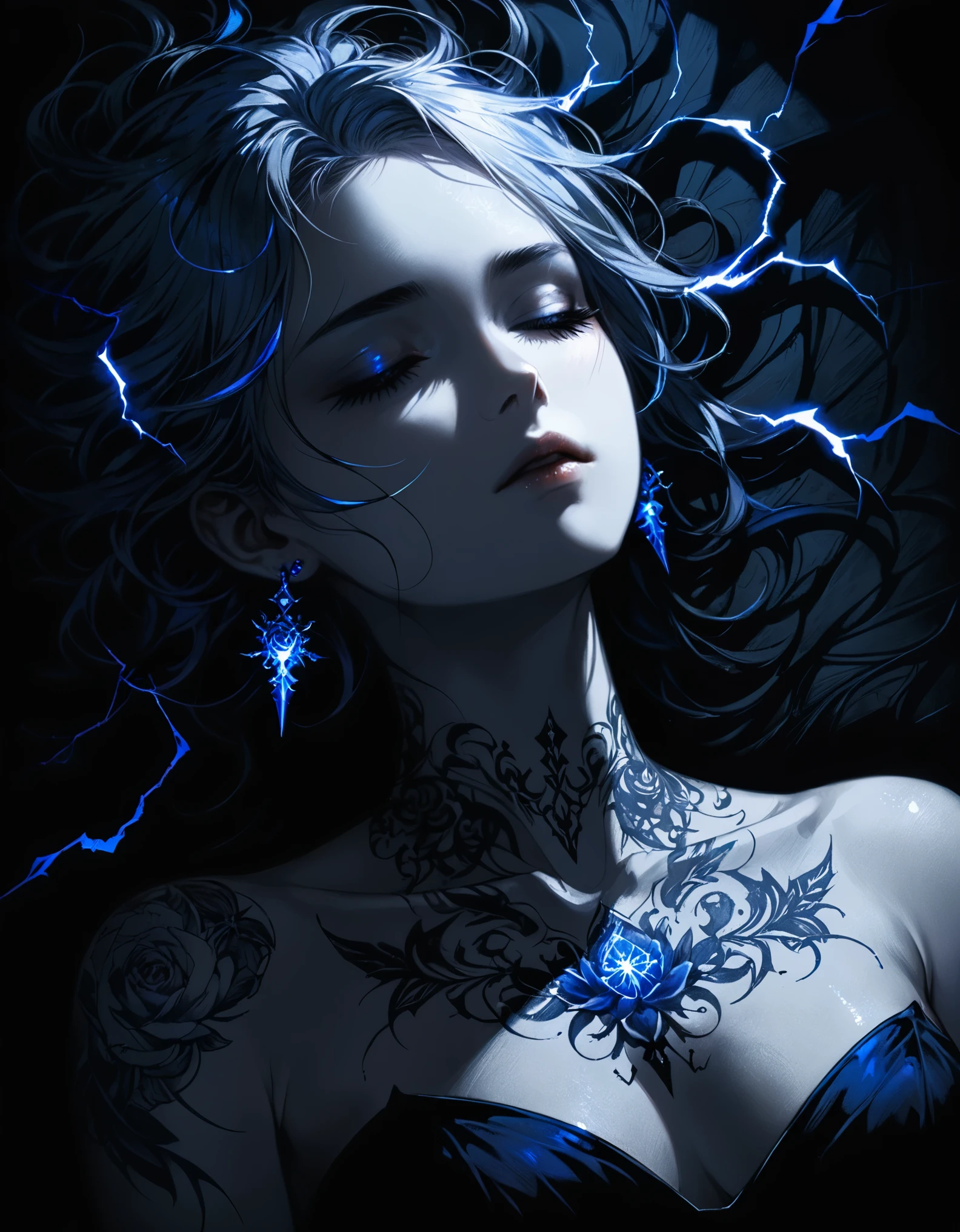 (in style of Harry Clarke:0.8),in style of Santiago Caruso, 
1girl,black background，Lying down，Close your eyes，Gray blue hair，Messy soft hair，Bare shoulders，（Blue flower tattoo on breasts),(Gorgeous and exquisite tattoo:1.8)，necklace，Diamond blue gemstone earrings，Black shirt，
BREAK
(((black)))，(((darkness)))，(((Low-key light)))，(((darkness Art,Absolute Shadow，Absolute darkness:1.4)))，(((Blue lightning effect)))，Portrait close-up，化学发光
BREAK
textured skin,textured skin,textured skin,super detail,best quality,highres,masterpiece