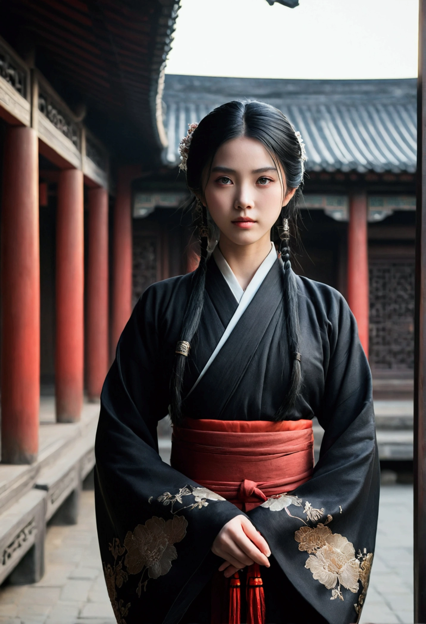 1girl,full body,extremely detailed face, beautiful detailed eyes,light on face,cinematic lighting,looking at viewer,outdoors,Black hair,(balck Chinese architecture:0.05),hanfu,