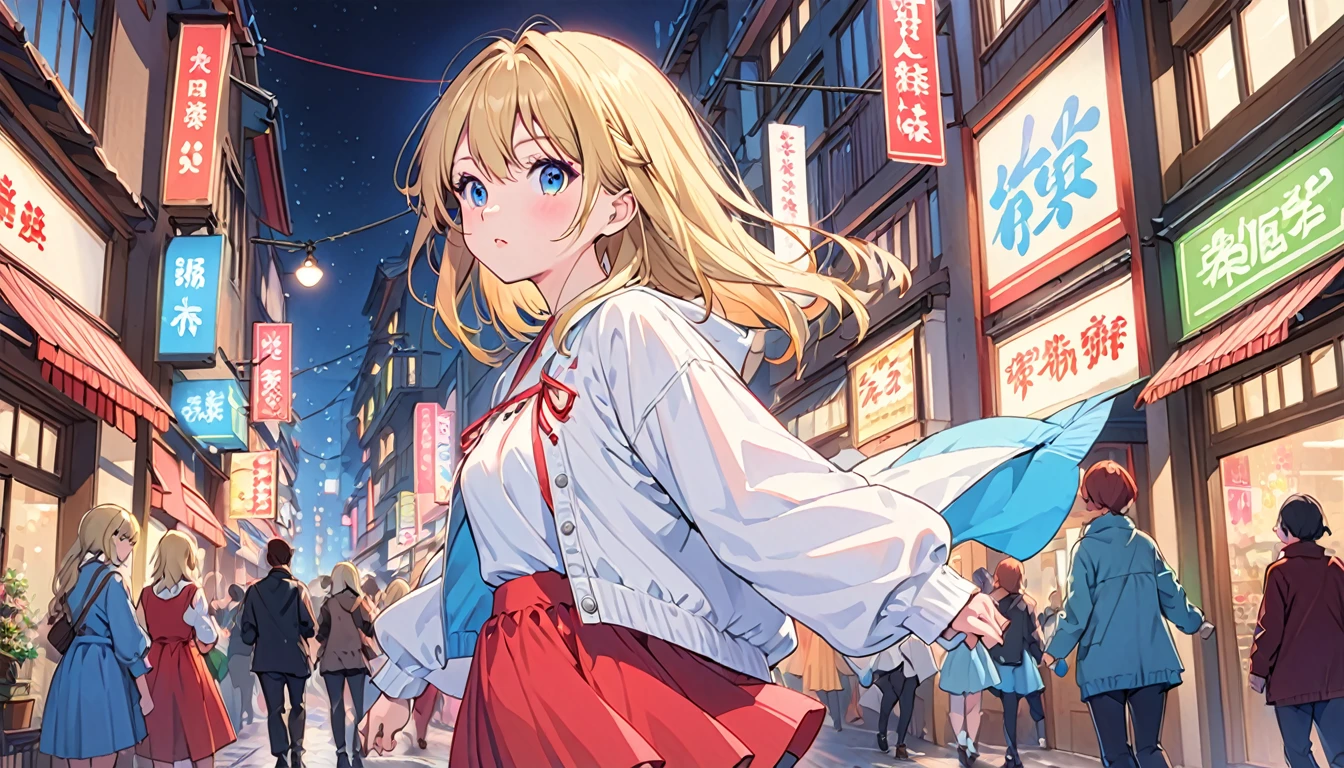 Highest quality,Cute Anime Girl, young,Blonde,In town,neon,night