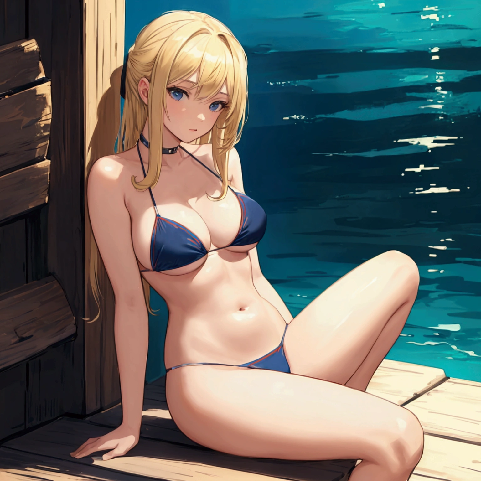 A beautiful blonde girl sitting cross-legged in a bikini