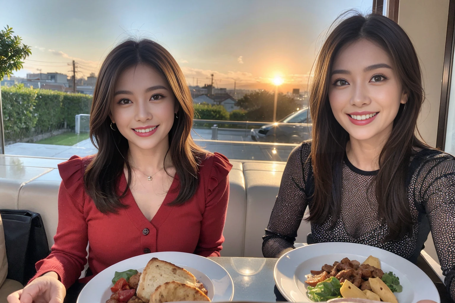 （Realistic:1.1）,(masterpiece,Highest quality)，8k,(44 years old), 47 years old, slimカップル、Model Couple、actress/actor、Tight waist,Upper Body,full-course dinner、wine 、Amazing view of the sunset sky and clouds、Perfect Anatomy, Brown Hair, short hair,Random Hairstyles,((Highly detailed face and eyes:1.2))(cute顔:1.4)，美しいactressの顔，Perfect golden ratio face，Long sleeve shirt、dress,(smile:1.2)、Shortcuts、cute、(Realistic, Intricate details:1.2), A bright smile、short hair,Bright Face、赤wine 、Appetizers、Italian food、wine bottle、Champagne、スパークリングwine、(slimな顔), (The body is slim), (Brown Hair), (Shortcuts),  Upper Body, 白wine, slim, wineグラス, 