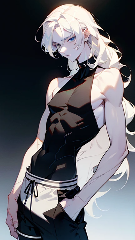 male character , 20 years, pale, white skin, Dark Blue eyes, white hair, wavy and long , delgado, beautiful, black shorts close to the skin, Long black sleeveless T-shirt with close-to-skin collar, small breasts, small waist,