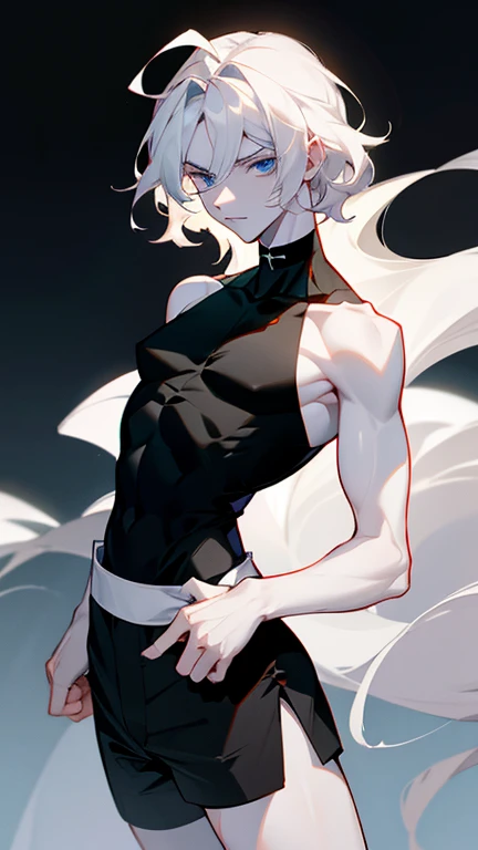 male character , 20 years, pale, white skin, Dark Blue eyes, white hair, wavy and long , delgado, beautiful, black shorts close to the skin, Long black sleeveless T-shirt with close-to-skin collar, small breasts, small waist,