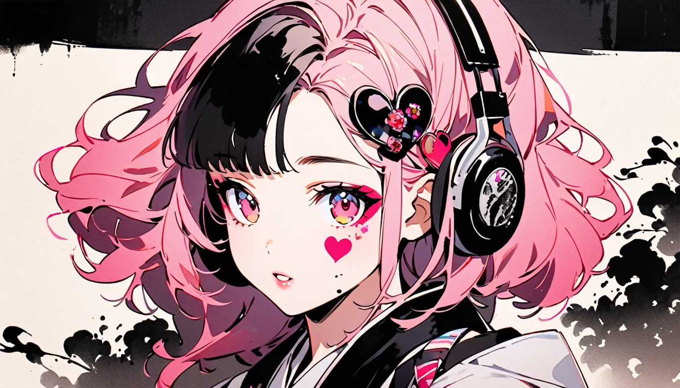 (((Ink Painting))), Fashion portrait color photos, (((1 girl))), (((Heart tattoo on face))), (((Gorgeous hair accessories))), Japanese style headphones, Japanese beautiful girl, pink Hair