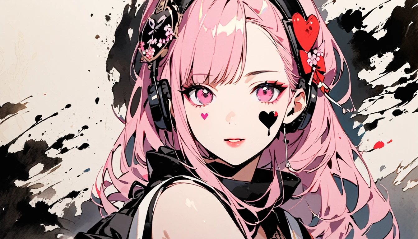 (((Ink Painting))), Fashion portrait color photos, (((1 girl))), (((Heart tattoo on face))), (((Gorgeous hair accessories))), Japanese style headphones, Japanese beautiful girl, pink Hair