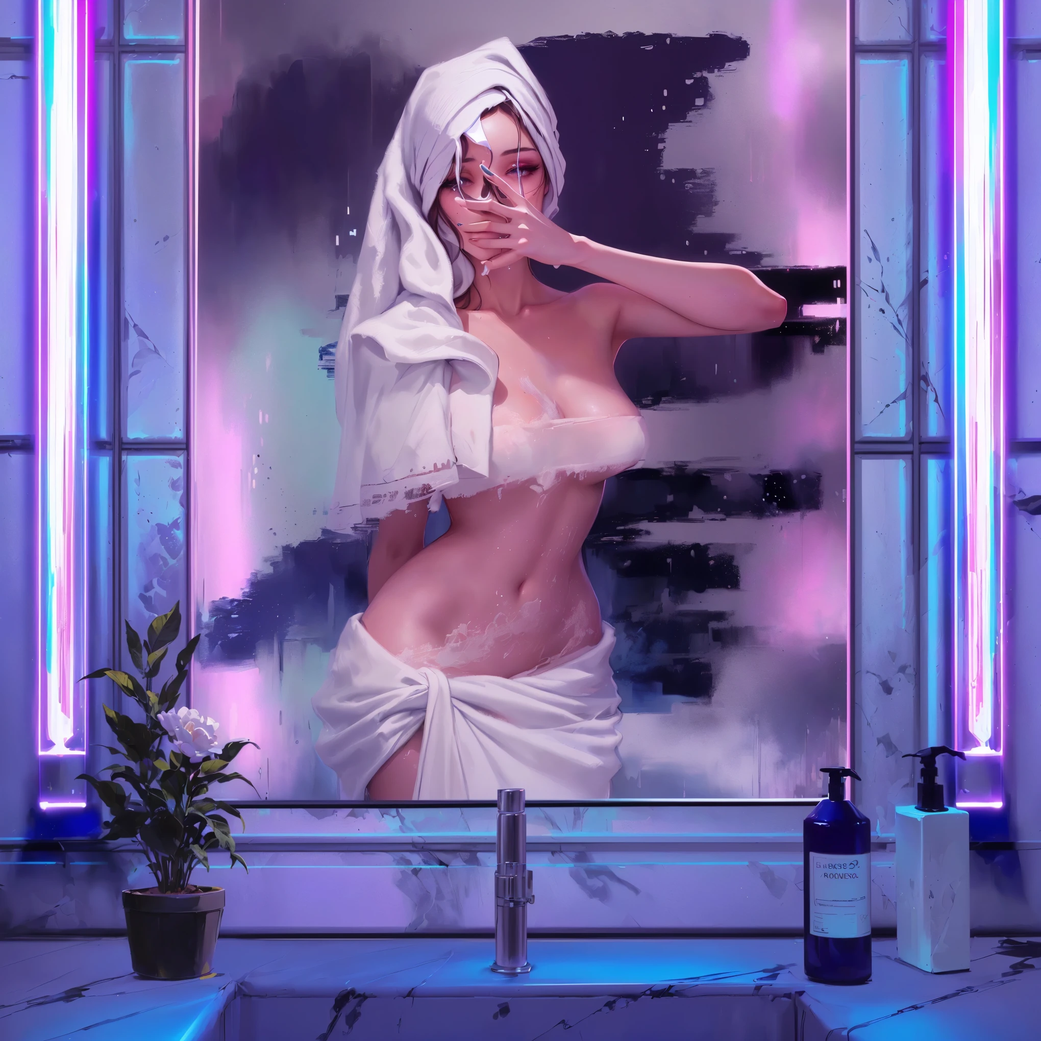 there is a picture of a woman with a towel on her head, low detail. digital painting, art deco ahead of anime aesthetics, High quality detailed 8K graphics, [ 4k digital art ]!!, art style cyberpunk, sultry digital painting, High Definition Commission, calm night. digital illustration, work in Guweiz style