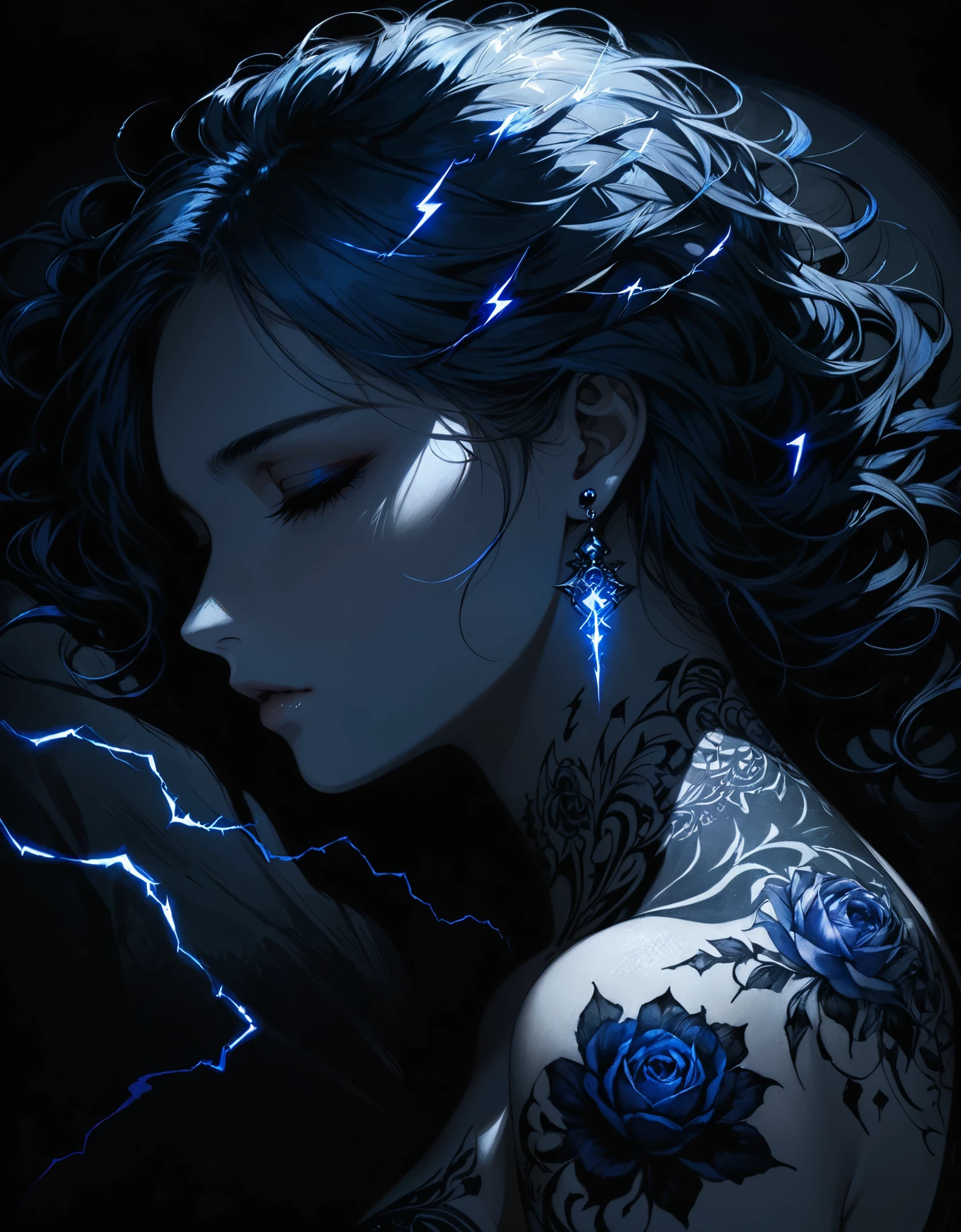 (in style of Harry Clarke:0.8),in style of Santiago Caruso,
1girl,black background,Lying down,Close your eyes,Gray blue hair,Messy soft hair,Bare shoulders,(Blue flower tattoo on breasts),(Gorgeous and exquisite tattoo:1.8),necklace,Diamond blue gemstone earrings,Black shirt,
BREAK
(((black))),(((darkness))),(((Low-key light))),(((darkness Art,Absolute Shadow,Absolute darkness:1.4))),(((Blue lightning effect))),Portrait close-up,化学发光
BREAK
textured skin,textured skin,textured skin,super detail,best quality,highres,masterpiece
