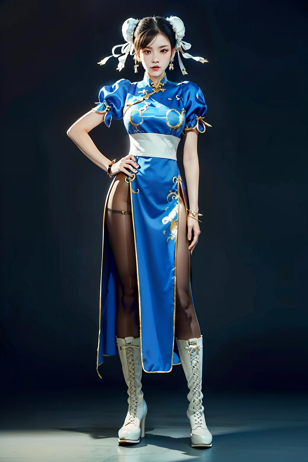 (RAW shooting, Photoreal:1.5, 8k, highest quality, masterpiece, ultra high resolution), perfect dynamic composition:1.2, Highly detailed skin and facial textures:1.2, chunli:1, beautiful and aesthetic:1.2, sexy beauty, perfect style, belief, Strong-willed, revenge, Fair skin, very beautiful face, (wearing a sexy china dress:1.2), (beautiful eyes, Eyes that feel beautiful eros:1.0), (Too erotic:0.9, Bewitching:0.9), (full body photo:1.4), (perfect limbs:1.2), (perfect fingers:1.2),(Bun head,bun cover,boots, bracelet, brown pantyhose, chinese clothes, cross-laced footwear, dress, gold trim, jewelry, pantyhose, pelvic curtain, puffy sleeves, sash, short sleeves, side slit, spiked bracelet, spikes and white footwear,large breast:2,chest gap),(simple background:1.4),(knees together),(standing:1.4),