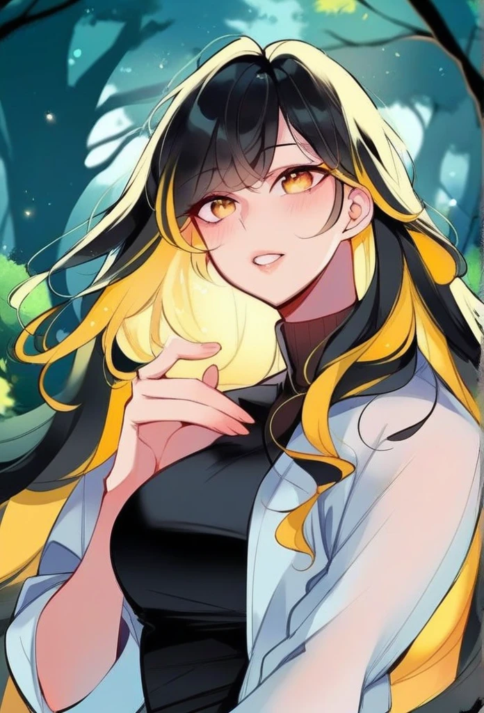 juder_style, score_9, score_8_up, score_7_up, score_6_up, score_5_up, score_4_up, hd, (ultra hd quality details), 8K, 1girl, long hair, Hourglass body, yellow eyes, black hair, yellow highlights, 2d illustration, wavy hair, forest
