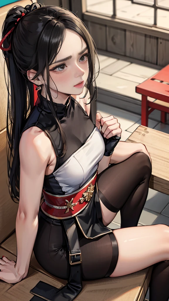 {{masterpiece}}, {{{Highest quality}}},{{Very detailed}},He is sitting on a bench in the waiting room with a serious expression on his face.,from side　,Sit slouched,{{Blushing}},{{V-shaped eyebrows}},{{Female Fighter}},{{expensive}},{{Adult woman sweating with fatigue}},Sleeveless red Chinese dress　Black Hair　Black tights　Black leggings　Black arm covers　fingerless gloves　short boots　Place your hands on your knees　Waist belt　Red pelvic curtain