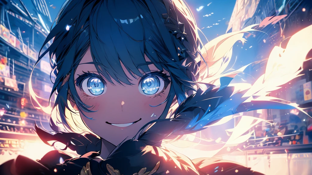 Fist pump while jumping blue sky Anime Style high quality detailed smile The whole body is swollen