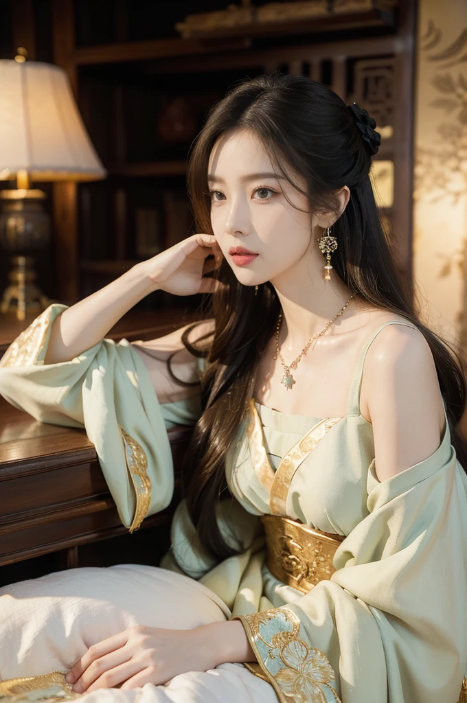 (((best quality))),(((ultra detailed))),(((masterpiece))),illustration,((1 beautiful girl,solo)),(shoulder length straight hair:1.2),((earrings,necklace)),((slim,thin)),((small breasts,flat chest)),(summer night:1.3),(gorgeous sheer Hanfu:1.3),luxurious bedroom,traditional Chinese architecture,starry sky,serene face,elegant grace,intricate updo,delicate hairpins,almond-shaped eyes,innocence curiosity,intricate embroidery,rich cultural symbolism,vibrant hue,elegant wallpaper,intricate patterns,meticulously crafted wooden furniture,grand bed,sumptuous beddings,ethereal ambiance,night sky,stars twinkle,mesmerizing canvas,First Quarter Moon,gentle glow,illuminating landscape,alluring presence,opulent surroundings,celestial wonders,time stands still,ancient Chinese culture,celebrated details,((from front,upper body))