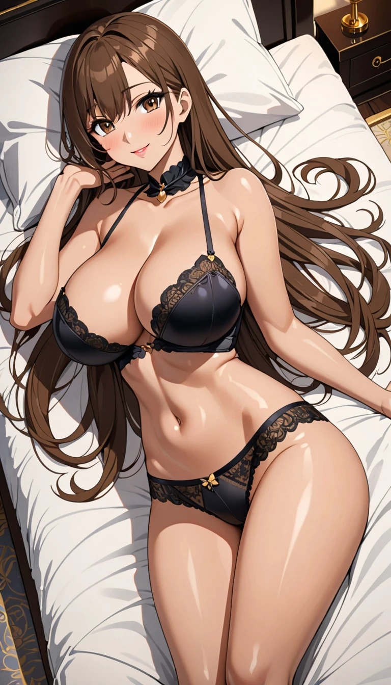 ((masterpiece)), ((high quality)), ((super detailed)), ((high resolution)) ,((8k)), a beautiful woman, ((She is one of the most famous female High-class hostess in Japan)), unparalleled beauty, ((large breast:1.6)), ((large ass)), ((deep cleavage)), slim waist, chest out, ultra detailed face, perfect skin, (((Hair that reaches down to the neck, long straight brown hair))), brown eyes,  detailed eyes, whole body image, sexy, an inviting smile, sensual, (((anime))), ((glamorous)), sexual attraction, 24 years old, ((incredibly beautiful woman)), ((The H cup bust)), ((((sexy pose)))) , (sex friend, heroine),  (((Luxury Underwear))),  ((beautiful breasts)), beautiful legs, 8 life size, anime, the most beautiful and strongest, ((charm)),((Russian beauty)), ((Grown-up face)), Late night bedroom, ((Secret meeting, Lie down in bed, Top-down view)), 