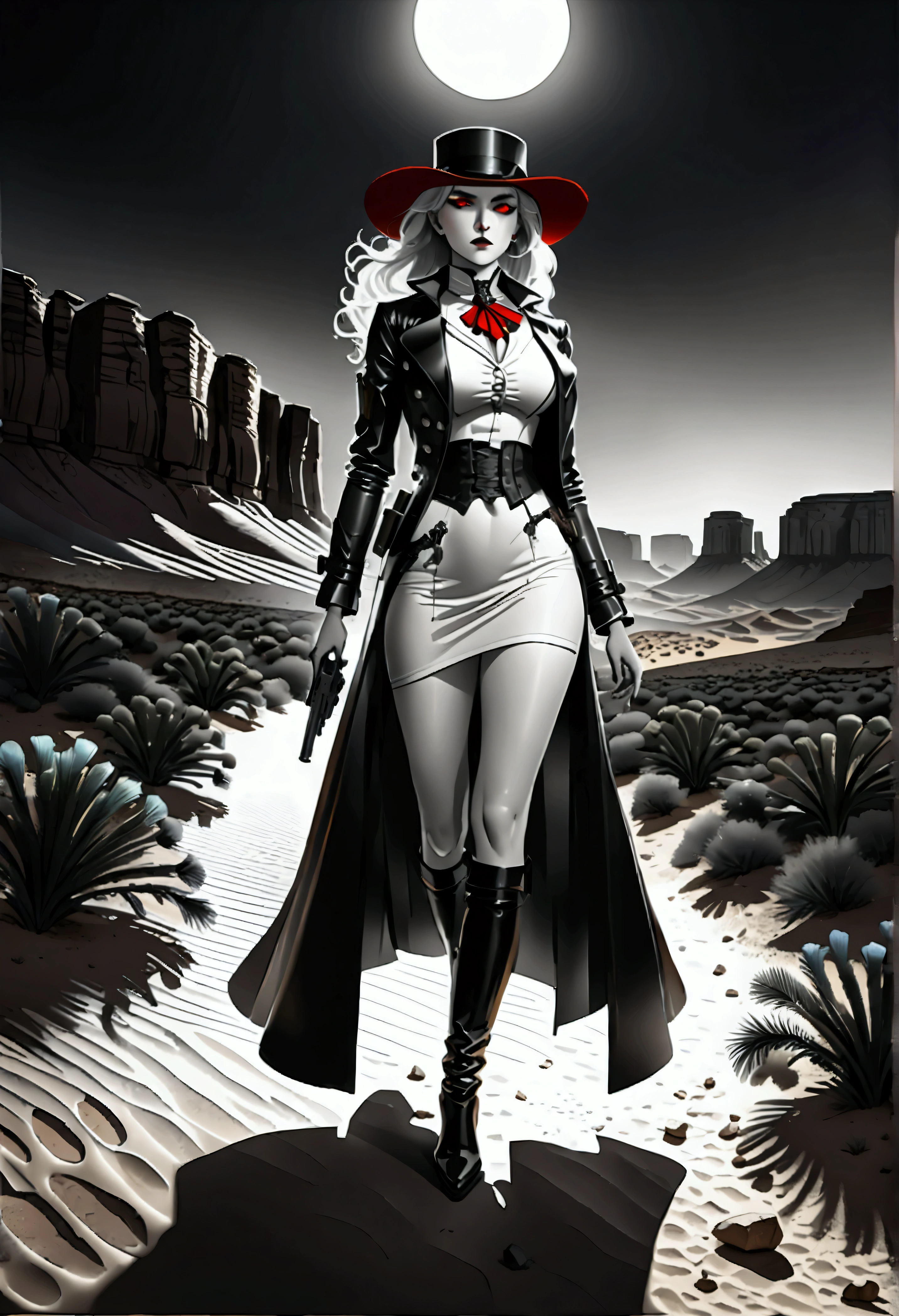 (wild west black and white 19th century photograph style: 1.5) picture of a female vampire cowboy in the desert night, a goth beauty, exquisite beautiful female vampire, ((anatomically correct: 1.5), (ultra detailed face: 1.2), best detailed face, red glowing eyes, full body, busty, wearing white bottom shirt, short skirt, dynamic color. wearing (Gambler Crease hat: 1.2), wearing high heeled boots, wearing open black trench coat, flowing trench coat, (pistol in a holster: 1.1), it is night time in the desert, moon light. moon rays, west America desert canyon background, Hyperrealism style, vibrant, Ultra-high resolution, High Contrast, (masterpiece:1.5), highest quality, Best aesthetics), best details, best quality, highres, ultra wide angle, 16k, [ultra detailed], masterpiece, best quality, (extremely detailed) RAW, chumbasket art style, rpg portrait photograph,