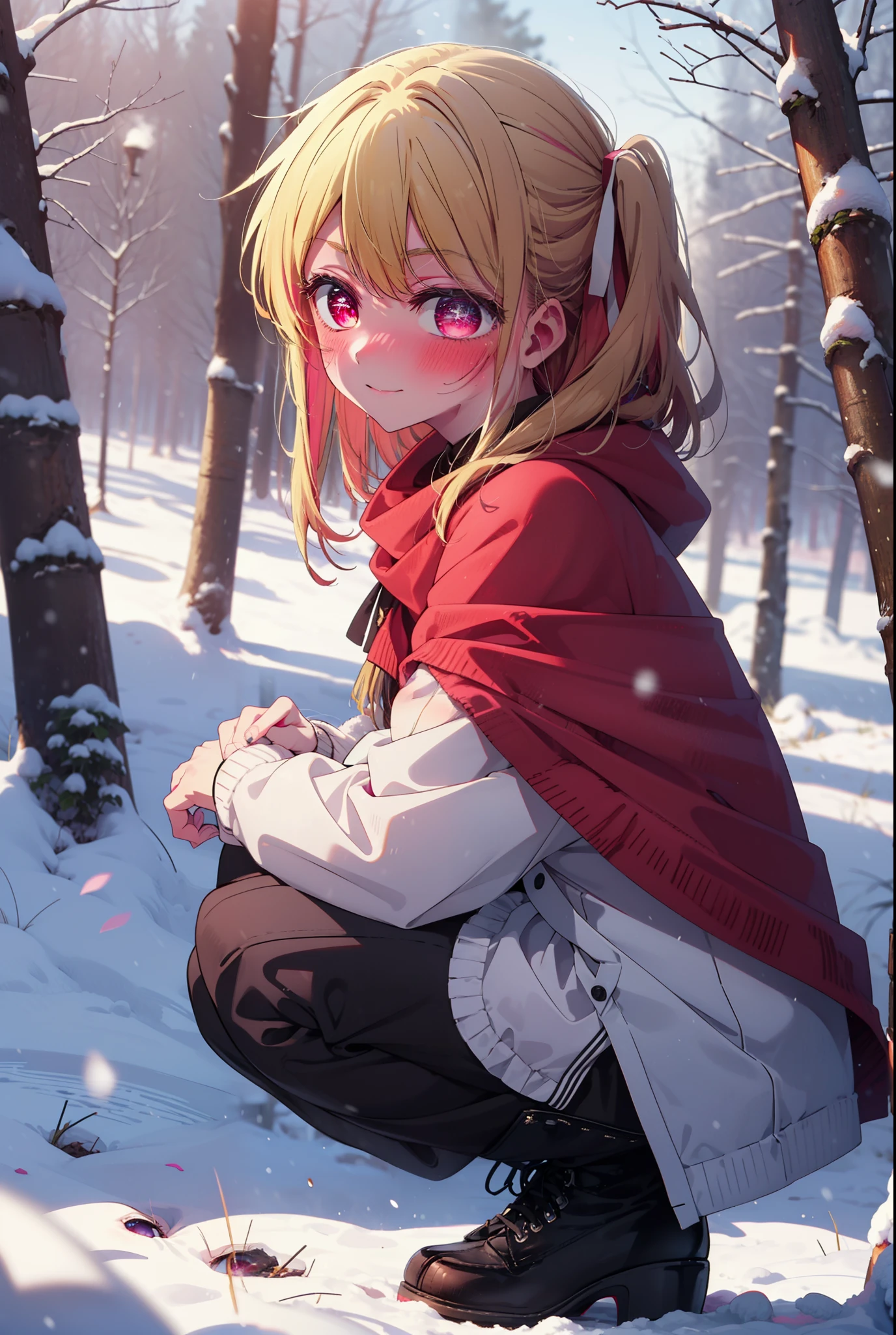 rubyhoshino, Hoshino Ruby, Long Hair, bangs, blonde, (Pink Eyes:1.3), Side Lock, (Symbol-shaped pupil:1.5), Multicolored Hair, Two-tone hair, smile,,smile,blush,white breath,
Open your mouth,snow,Ground bonfire, Outdoor, boots, snowing, From the side, wood, suitcase, Cape, Blurred, , forest, White handbag, nature,  Squat, Mouth closed, Cape, winter, Written boundary depth, Black shoes, red Cape break looking at viewer, Upper Body, whole body, break Outdoor, forest, nature, break (masterpiece:1.2), Highest quality, High resolution, unity 8k wallpaper, (shape:0.8), (Beautiful and beautiful eyes:1.6), Highly detailed face, Perfect lighting, Extremely detailed CG, (Perfect hands, Perfect Anatomy),