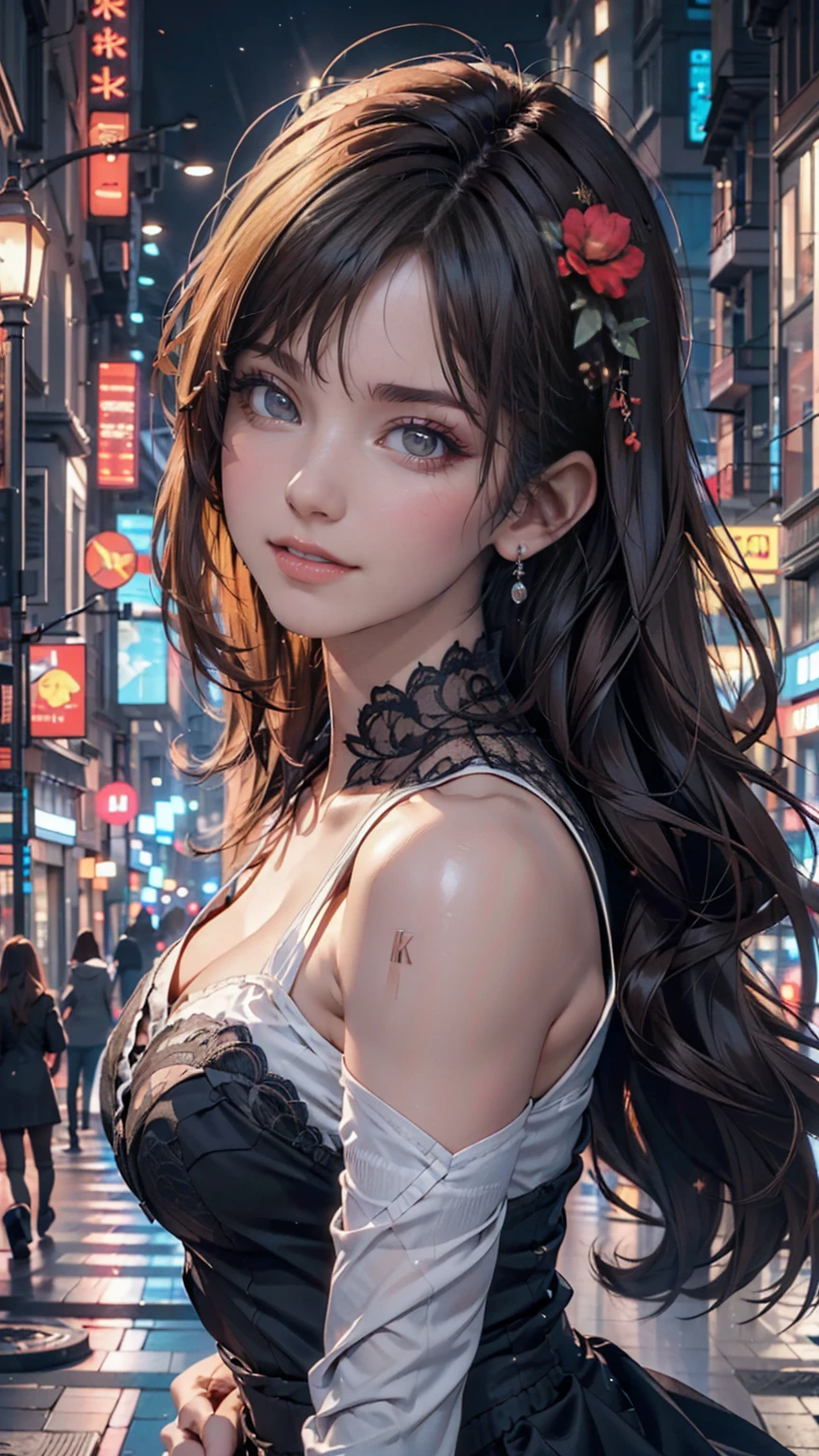 ((Highest quality, 8k, masterpiece :1.3)), One girl, smile, whole body, Slim face, Beautiful woman, (Dark brown hair), Full-length dress :1.1, Highly detailed face, Detailed eyes, double eyelid,  Blur the background, Slim face, city, outside, street,  