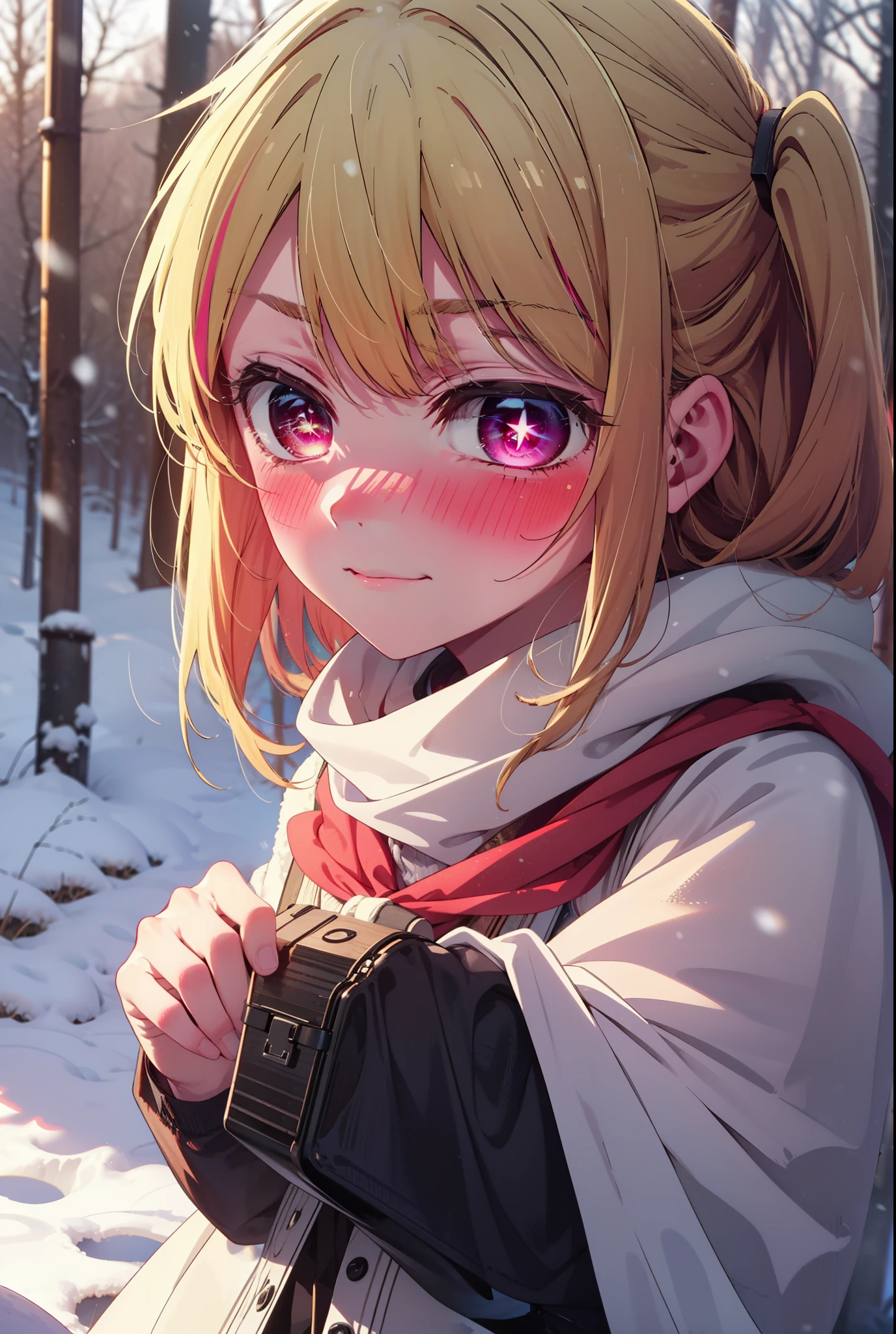 rubyhoshino, Hoshino Ruby, Long Hair, bangs, blonde, (Pink Eyes:1.3), Side Lock, (Symbol-shaped pupil:1.5), Multicolored Hair, Two-tone hair, smile,,smile,blush,white breath,
Open your mouth,snow,Ground bonfire, Outdoor, boots, snowing, From the side, wood, suitcase, Cape, Blurred, , forest, White handbag, nature,  Squat, Mouth closed, Cape, winter, Written boundary depth, Black shoes, red Cape break looking at viewer, Upper Body, whole body, break Outdoor, forest, nature, break (masterpiece:1.2), Highest quality, High resolution, unity 8k wallpaper, (shape:0.8), (Beautiful and beautiful eyes:1.6), Highly detailed face, Perfect lighting, Extremely detailed CG, (Perfect hands, Perfect Anatomy),